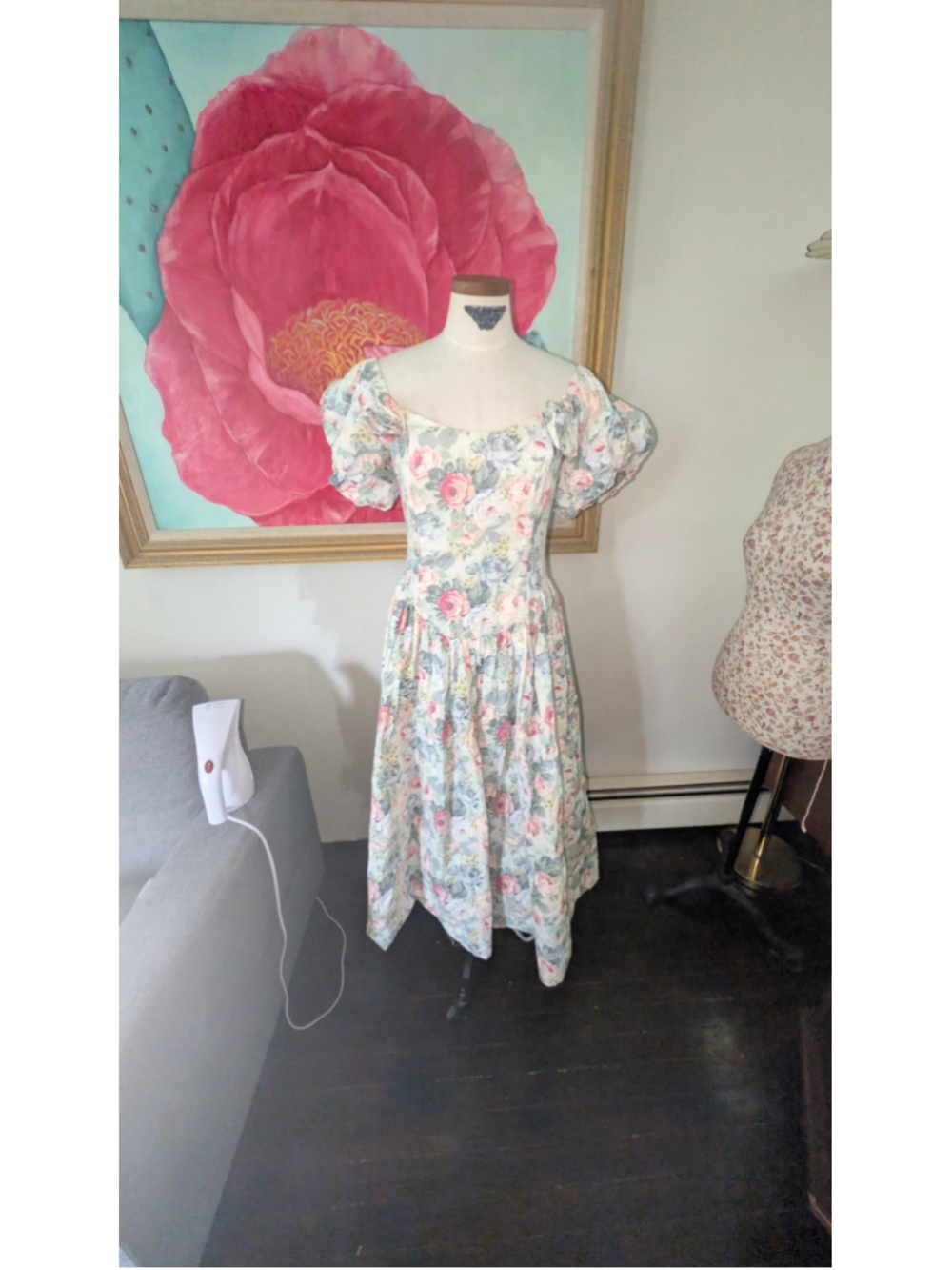 Vintage 80s Jessica Mcclintock Floral Midi Dress Size M White Pink Puff Sleeve